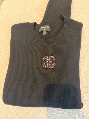 CHANEL Black Crewneck Sweater with Beaded CC Emblem